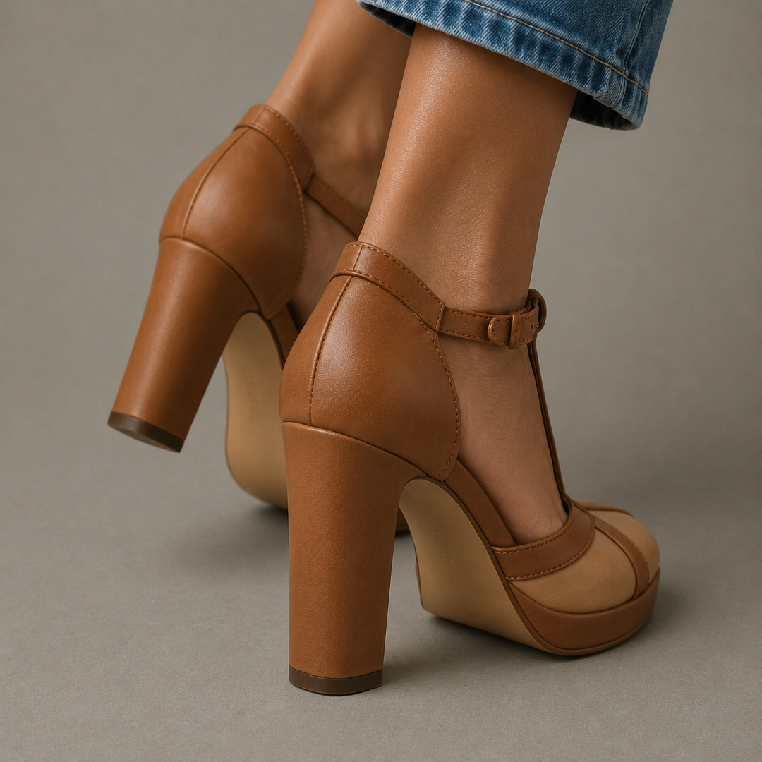 Women's orthopedic heeled sandals with ankle strap, open toe, featuring strong arch support & cushioned footbed.