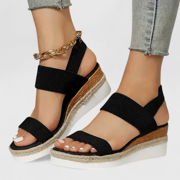 Women's orthopedic open-toe wedge sandals with arch support for casual wear & plantar fasciitis relief.