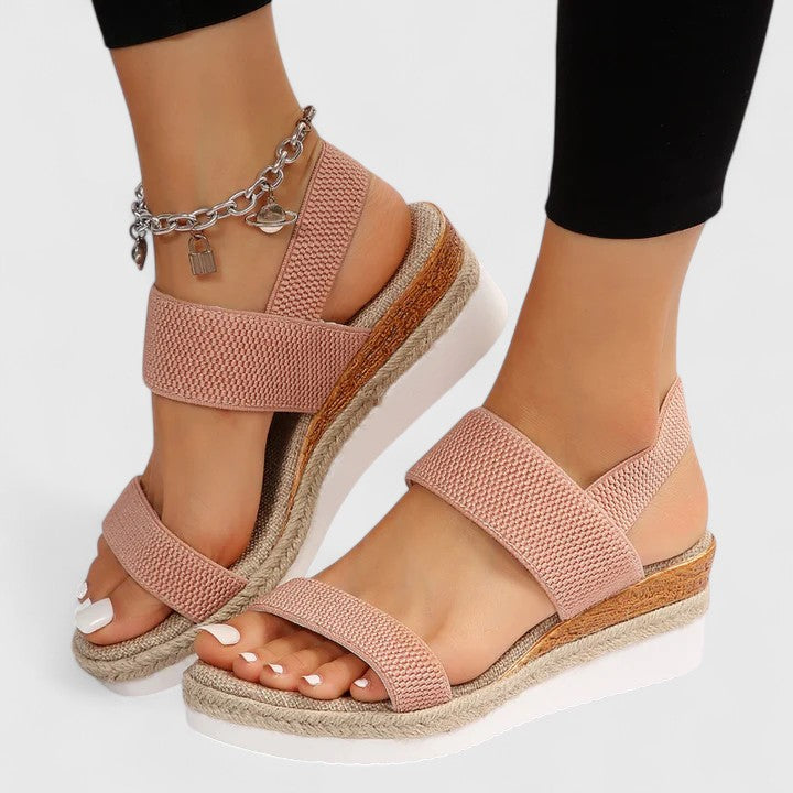 Pair of women's open-toe wedge sandals, orthopedic design, ideal for arch support & plantar fasciitis.