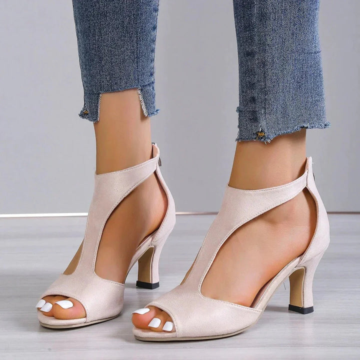 Chic women's summer comfort heels with orthopedic support, featuring a trendy peep-toe and T-strap design.