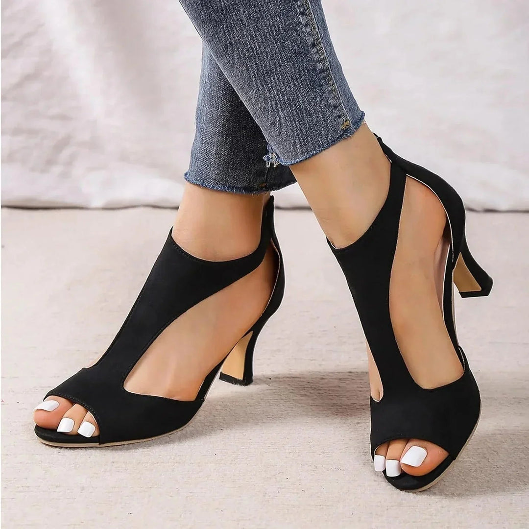 Women's comfortable orthopedic heels, T-strap peep-toe design for elegant dress shoes & all-day support.