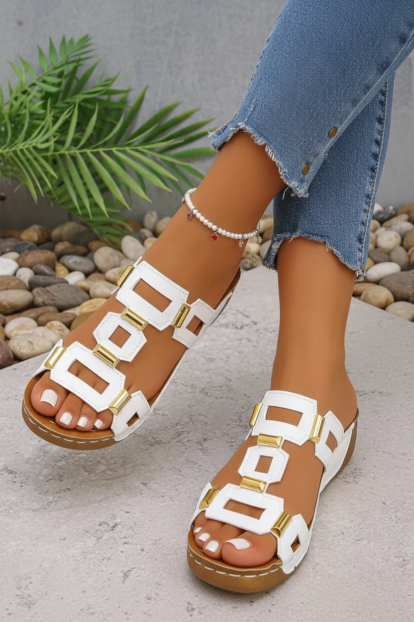 Women's open-toe orthopedic Roman slide sandals. Cushioned wedge for ultimate summer comfort.