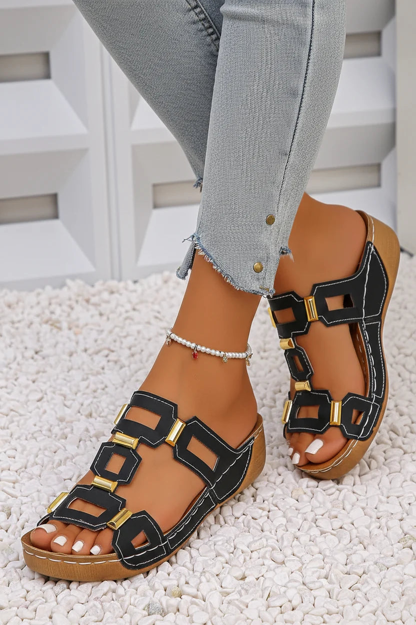 Supportive women's orthopedic Roman wedge sandals. Easy slide design, perfect for comfortable summer days.