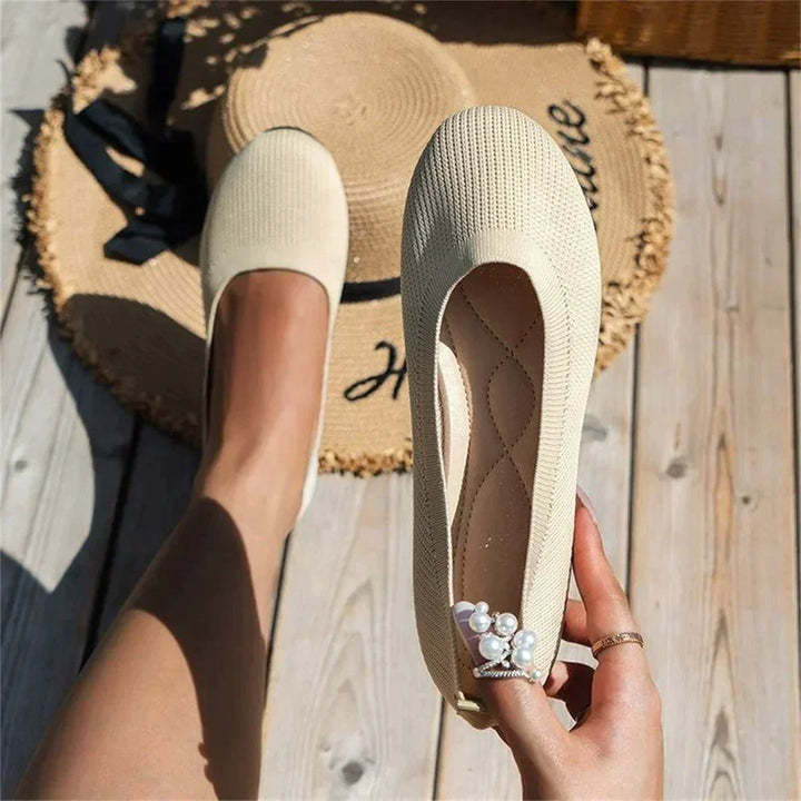 Top view of women's memory foam slip-on shoes, designed for all-day support and walking comfort.