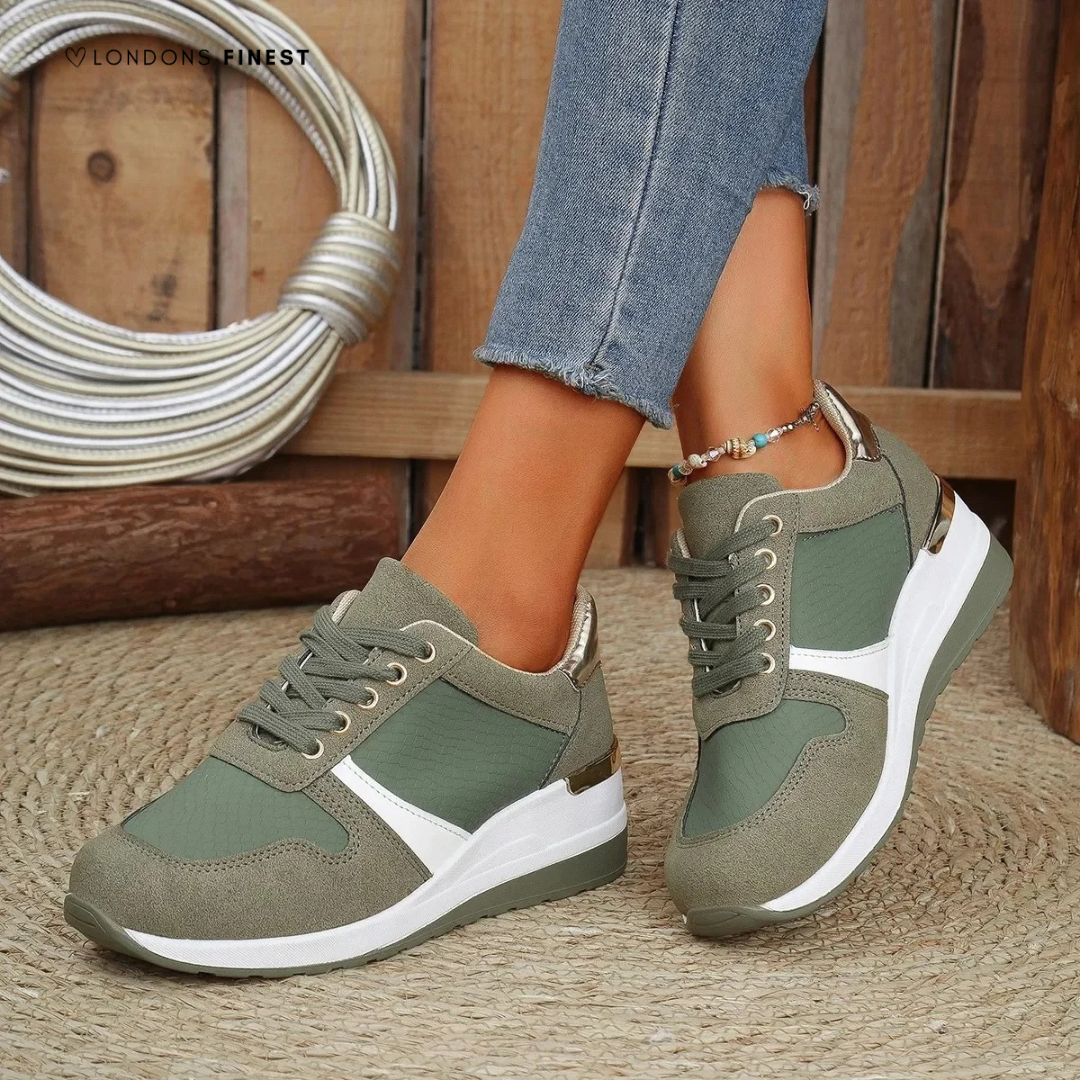 Beige women's orthopedic walking sneakers, offering arch support, cushioning, & foot pain relief.