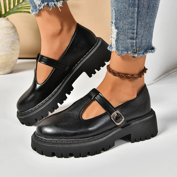 Women's retro platform T-strap Mary Jane shoes, combining orthopedic comfort with arch support for stylish wear.
