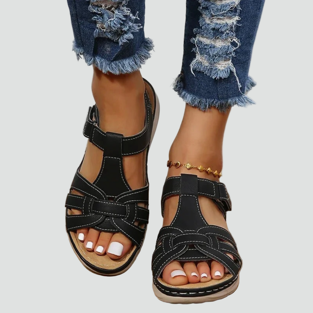 Open-toe women's comfort sandals, orthopedic flat design with Velcro closure for all-day support.
