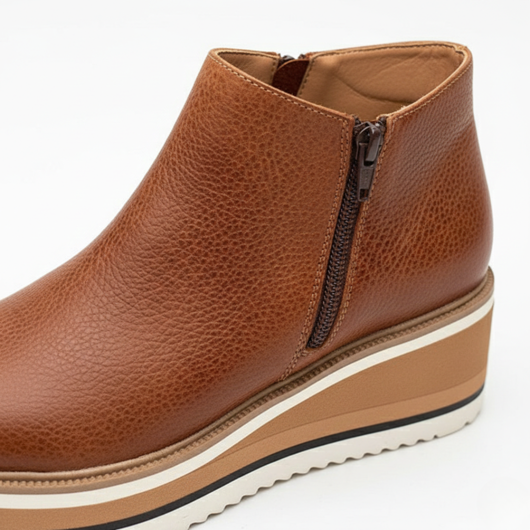 Black orthopedic wedge heel ankle boots with convenient side zipper, stylish and supportive.