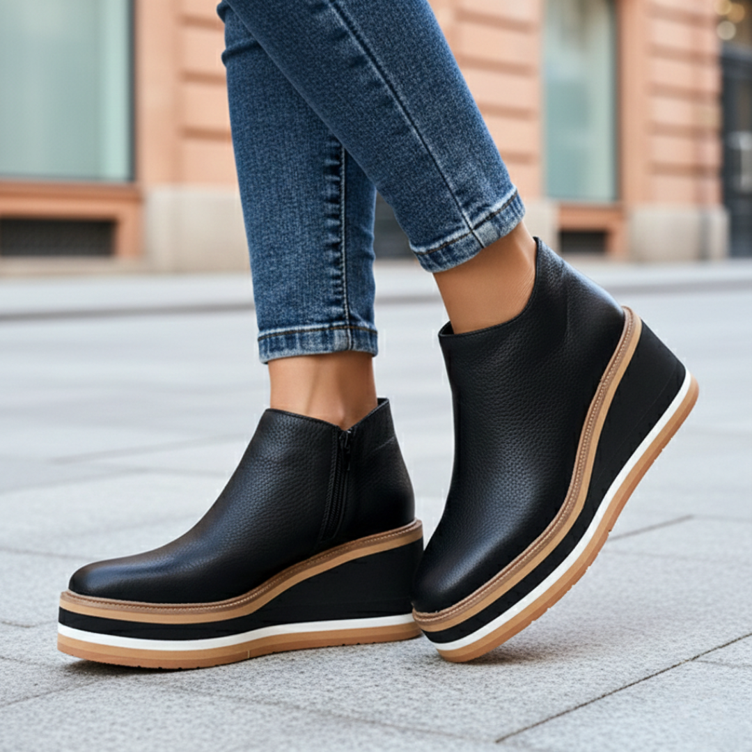 Stylish beige women's wedge heel ankle boots with platform sole, perfect casual fashion footwear.