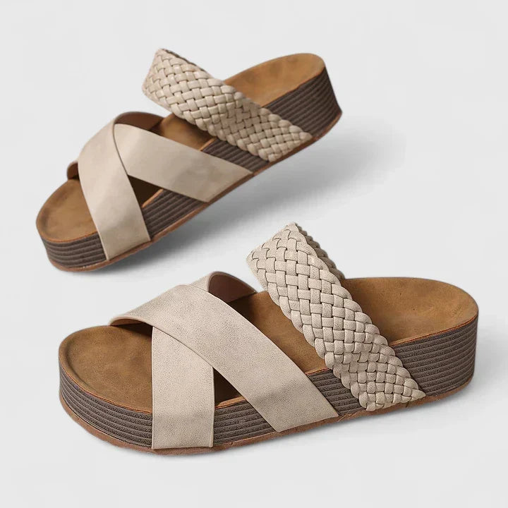 Women's orthopedic wedge platform sandals with woven crossover straps, offering comfortable foot support.