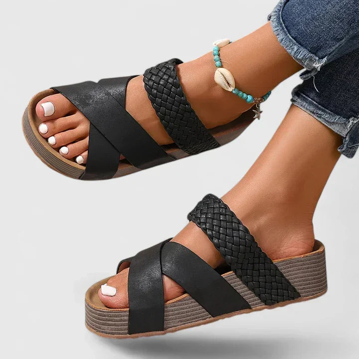 Comfortable women's orthopedic wedge platform sandals. Woven crossover straps for stylish summer support.
