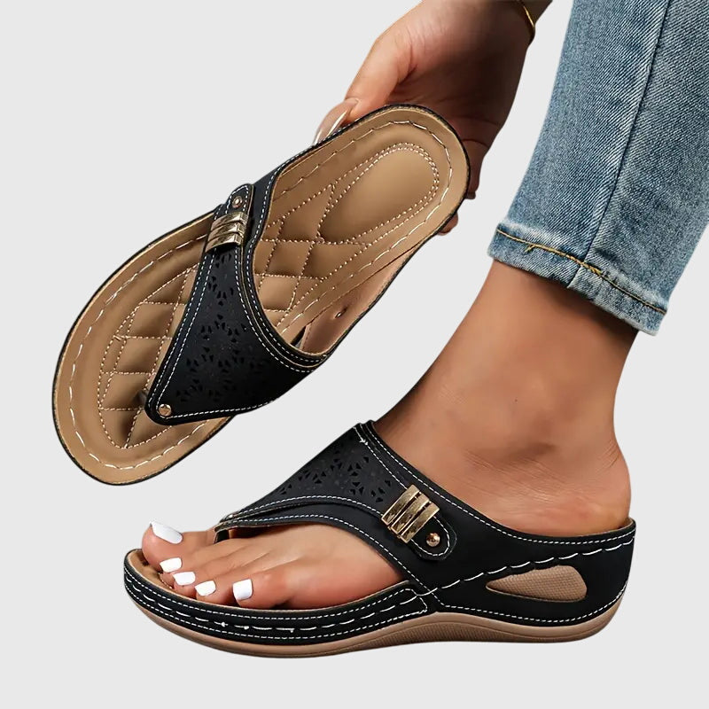 Slip-on orthopedic sandals for women, featuring a comfortable wedge heel & foot pain relief with excellent arch support.