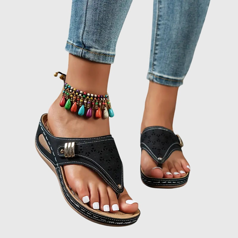 Modern women's orthopedic slip-on sandals with a comfortable wedge, offering excellent arch support for all-day summer comfort.
