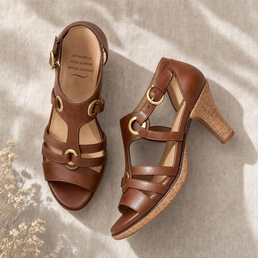 Comfortable women's heeled wedge sandals, perfect with orthopedic arch support.