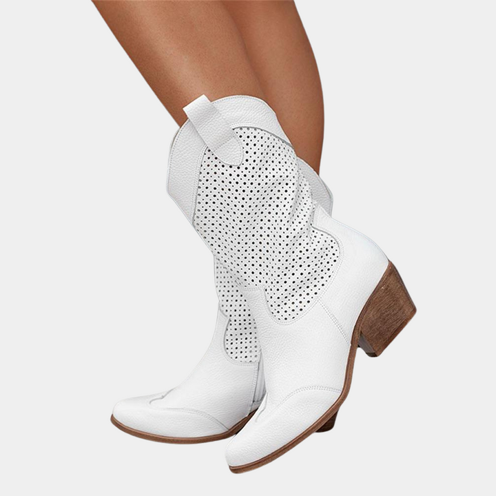 Women's orthopedic western cowboy boots with stacked heel for comfort & style.