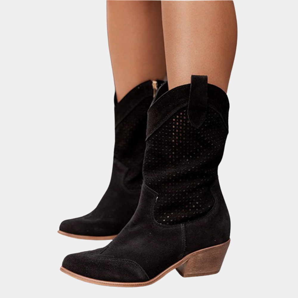 Stylish ladies' western boots, orthopedic support, classic cowboy design, durable stacked heel.
