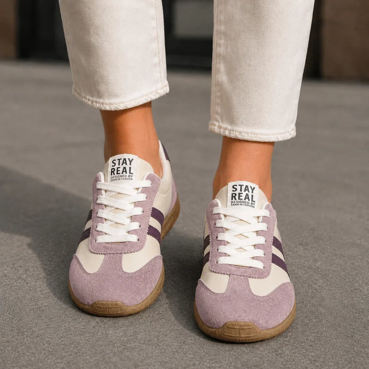 Breathable fabric on women's orthopedic trainers, wide fit with arch support for comfortable walking shoes.