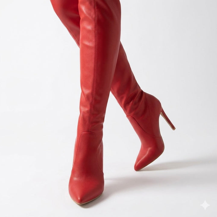 Women's over the knee stiletto boots, pointed toe & slim fit. Fashionable evening dress boots with high heels.