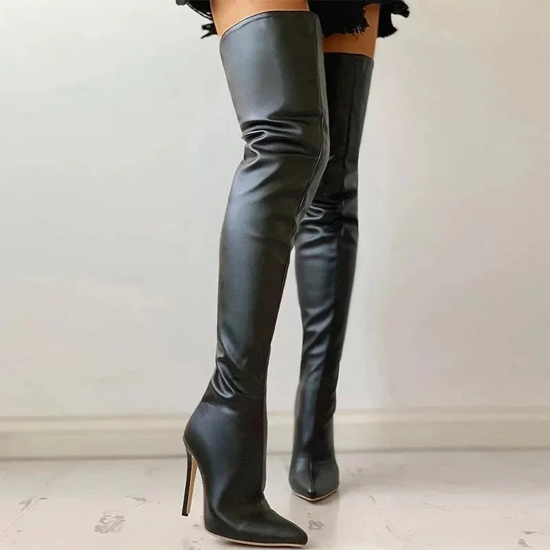 Glamorous women's over the knee stiletto boots, pointed toe. Slim fit design creates an elegant look for evening events.