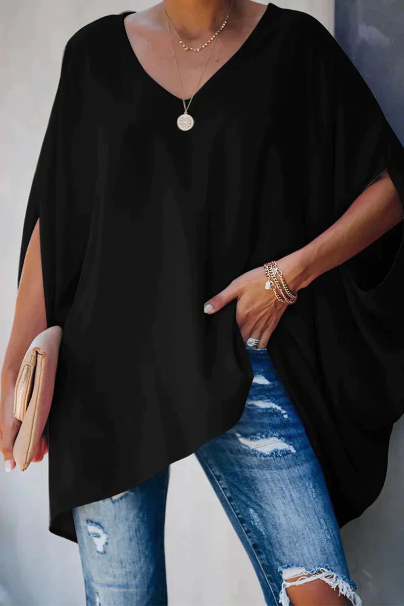 Comfortable women's tunic blouse, a relaxed V-neck fit and stylish batwing sleeves for casual wear.