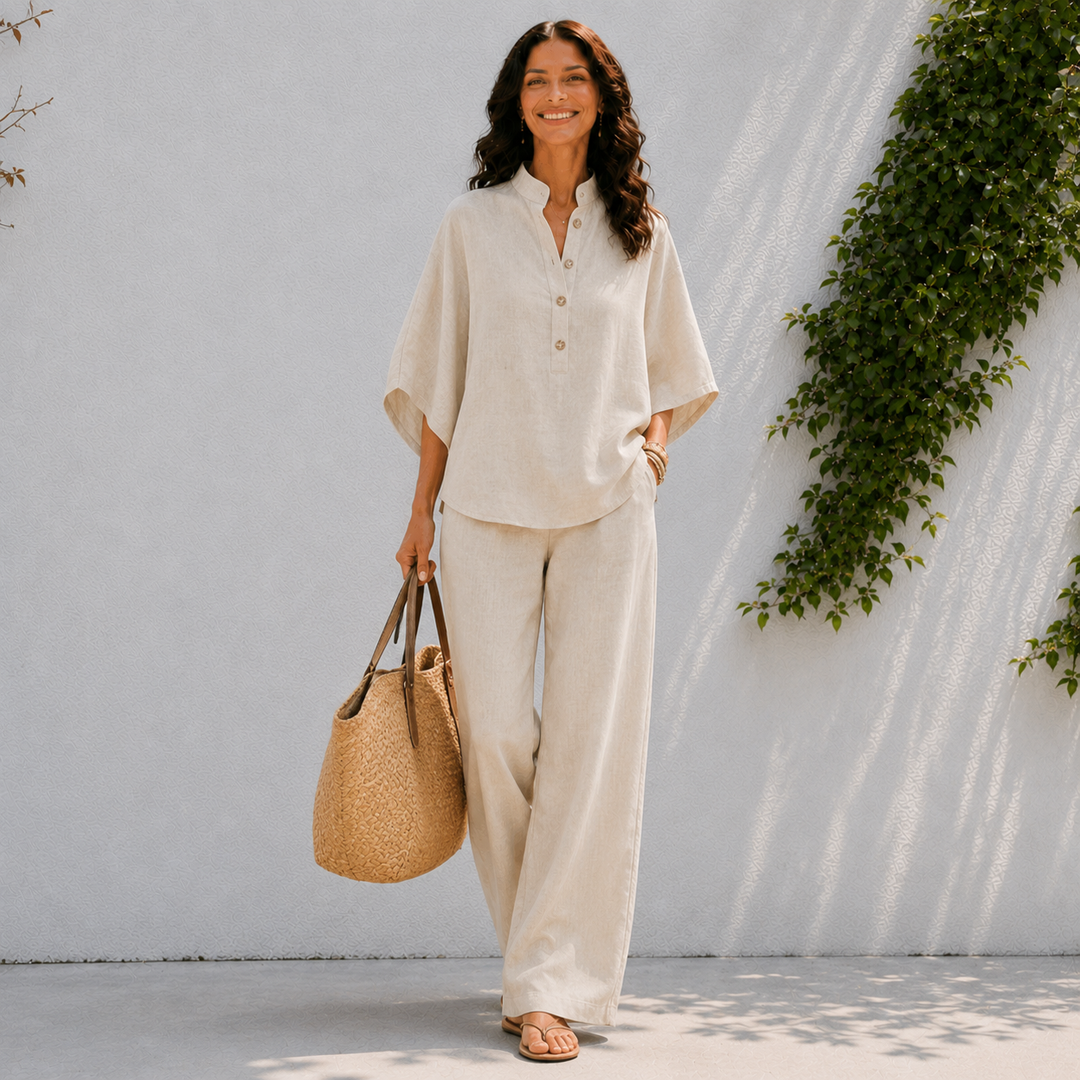 Women's oversized blouse & wide pants matching set, perfect comfortable travel outfit.