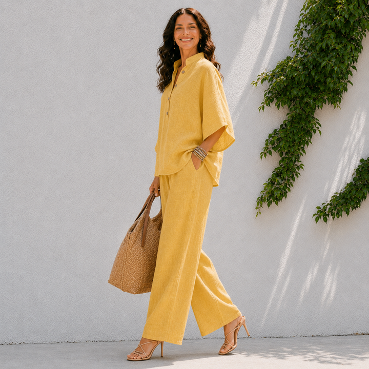 Lightweight women's oversized blouse & wide pants two-piece set, great for summer casual outfits.