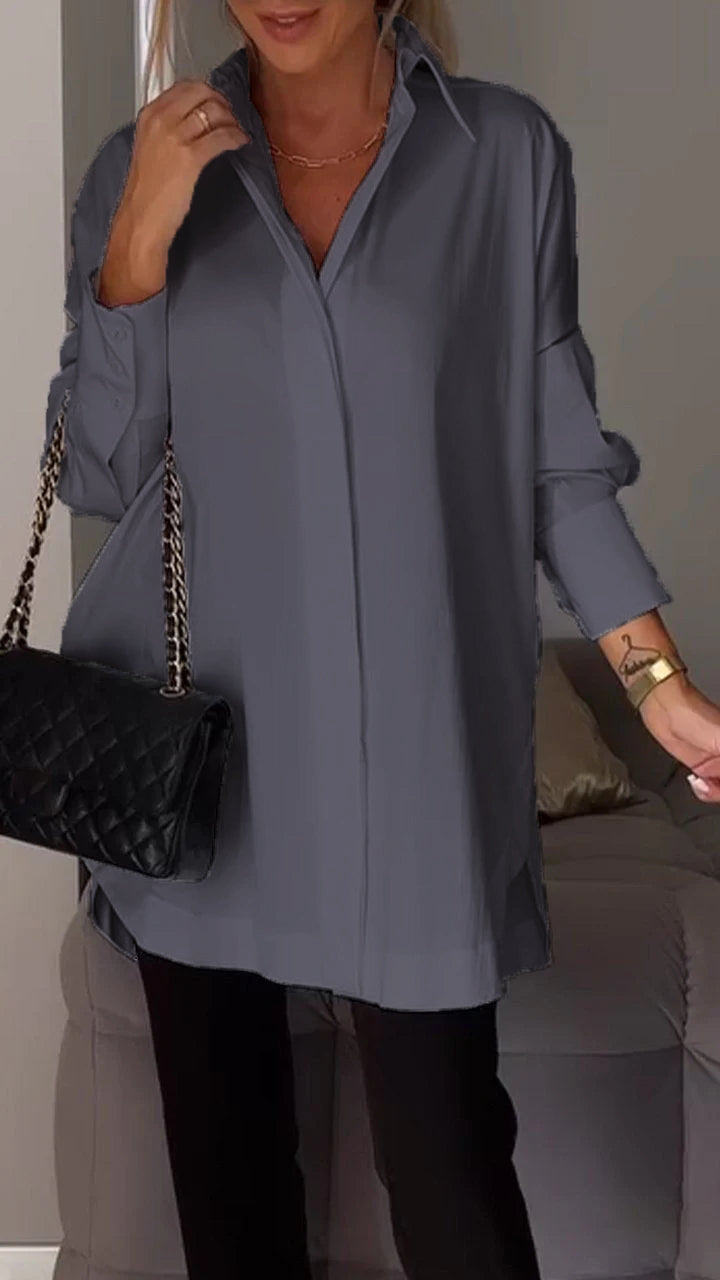 Chic long-sleeve blouse for women, an oversized collared shirt perfect for versatile workwear & casual outfits.