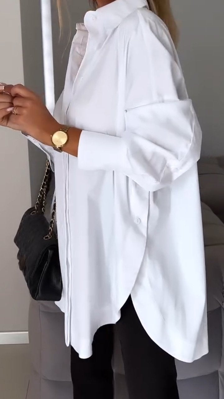 Plus size fashion: Comfortable oversized long-sleeve blouse with classic collar. Effortless everyday style.