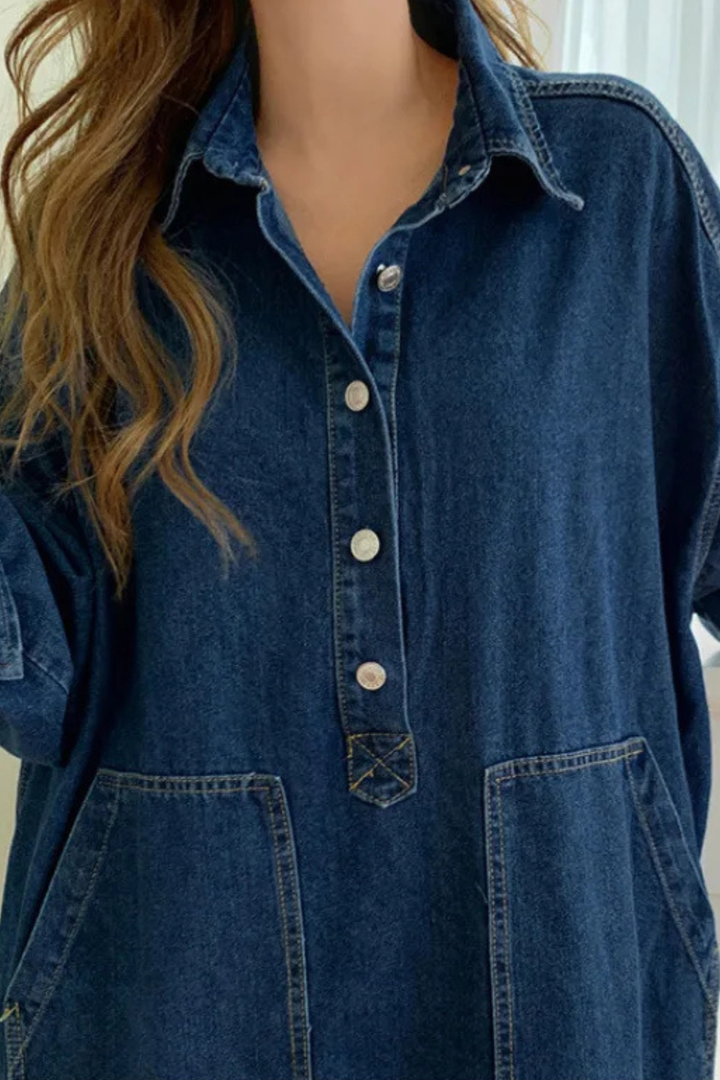 Long women's denim maxi dress in a comfortable, oversized shirt style with a practical button front.