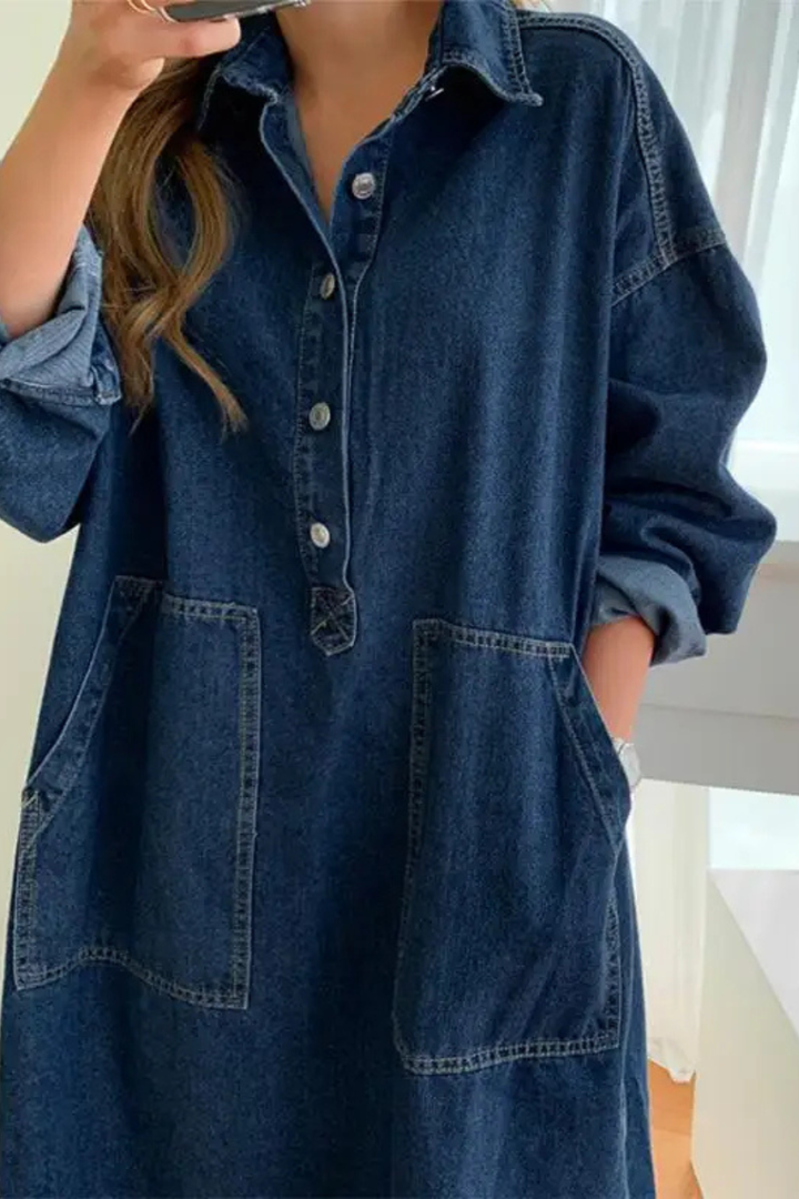 Chic women's oversized blue denim maxi shirt dress, a versatile piece for casual women's fashion.