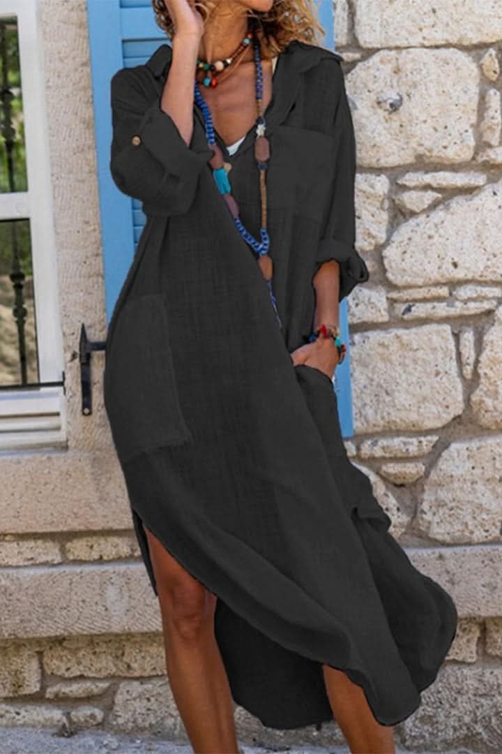 Women's oversized boho midi shirt dress with V-neck, roll-up sleeves & pockets for summer.