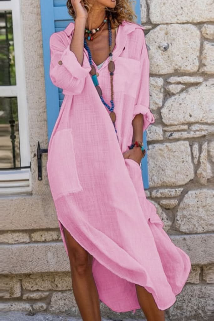 Casual women's summer midi shirt dress, V-neck, relaxed fit, boho style for everyday comfort.