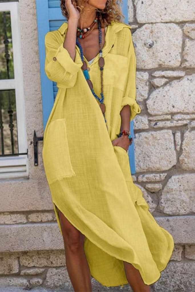 Effortless women's summer boho midi dress, comfortable oversized fit with roll-up sleeves & pockets.