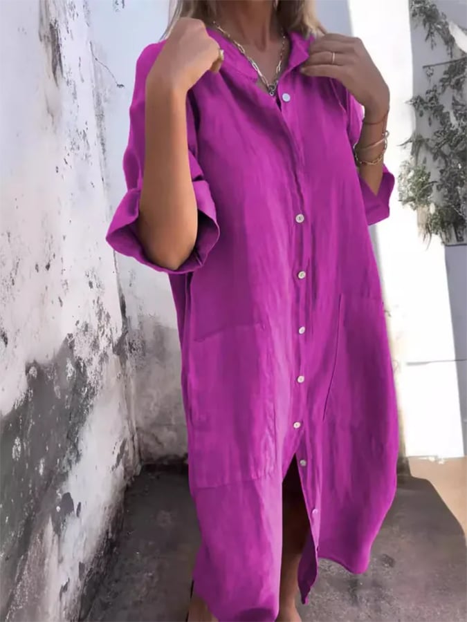 Versatile women's oversized button-down midi shirt dress. A casual, easy-wear fashion piece.