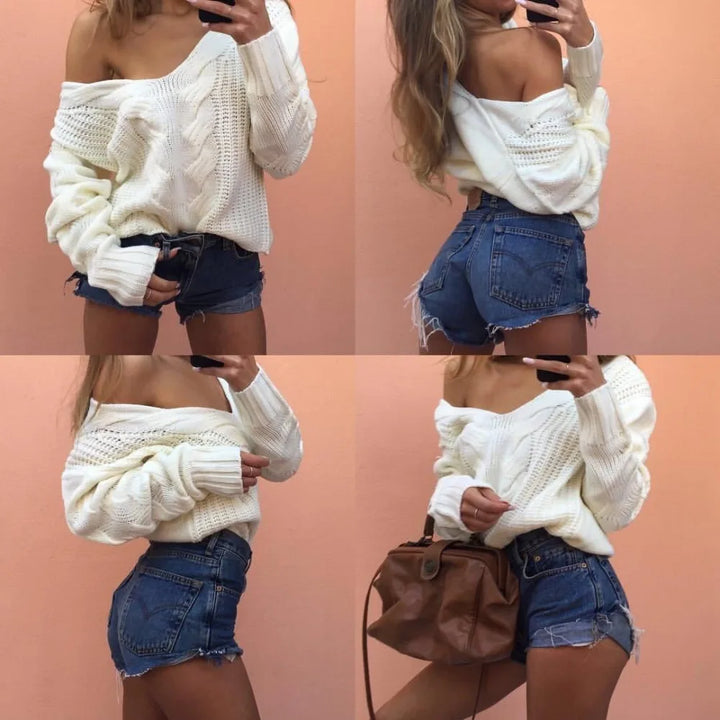 Soft knit women's oversized sweater with long sleeves & round neck. Cozy, versatile for casual fall/winter style.