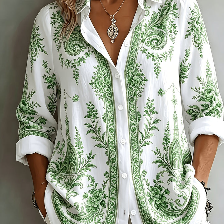 Lightweight women's oversized long sleeve floral paisley blouse. Great for breezy summer style and comfort.
