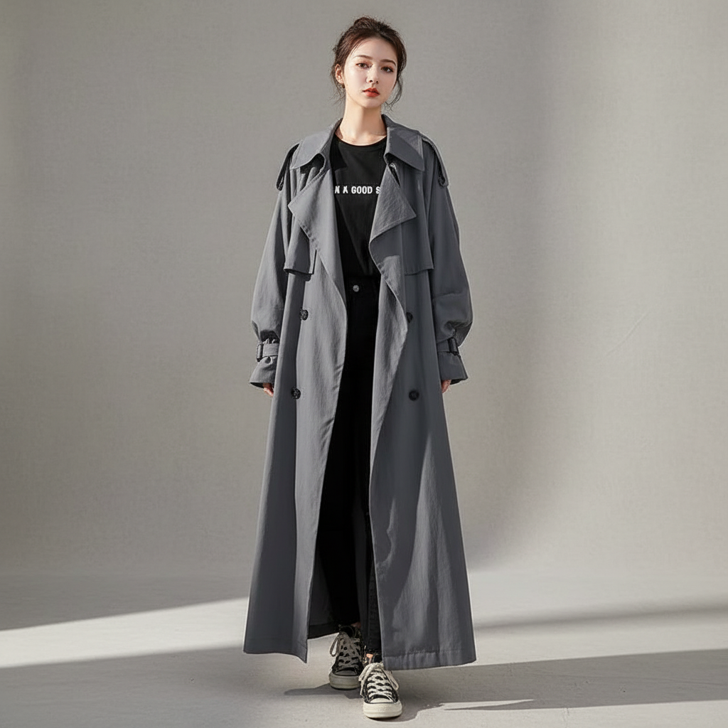 Women's oversized long trench coat, loose fit, elegant outerwear for fall & winter fashion. Classic versatile jacket.