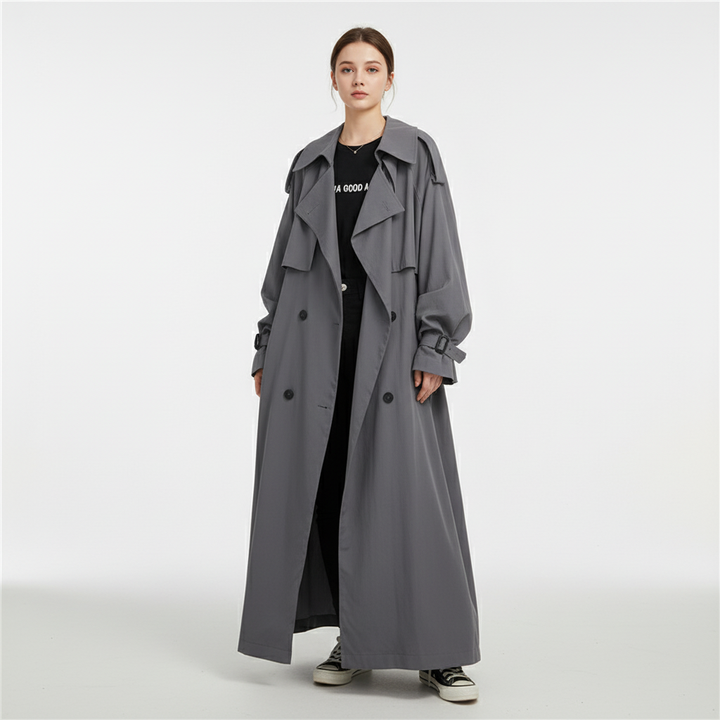 Elegant women's oversized long trench coat, perfect for fall fashion. Loose fit, classic design, versatile outerwear.