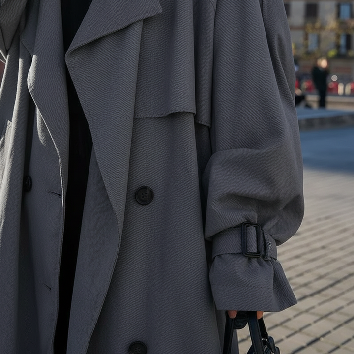 Stylish oversized long trench coat for women. Loose fit, classic design. Versatile elegant outerwear for any season.