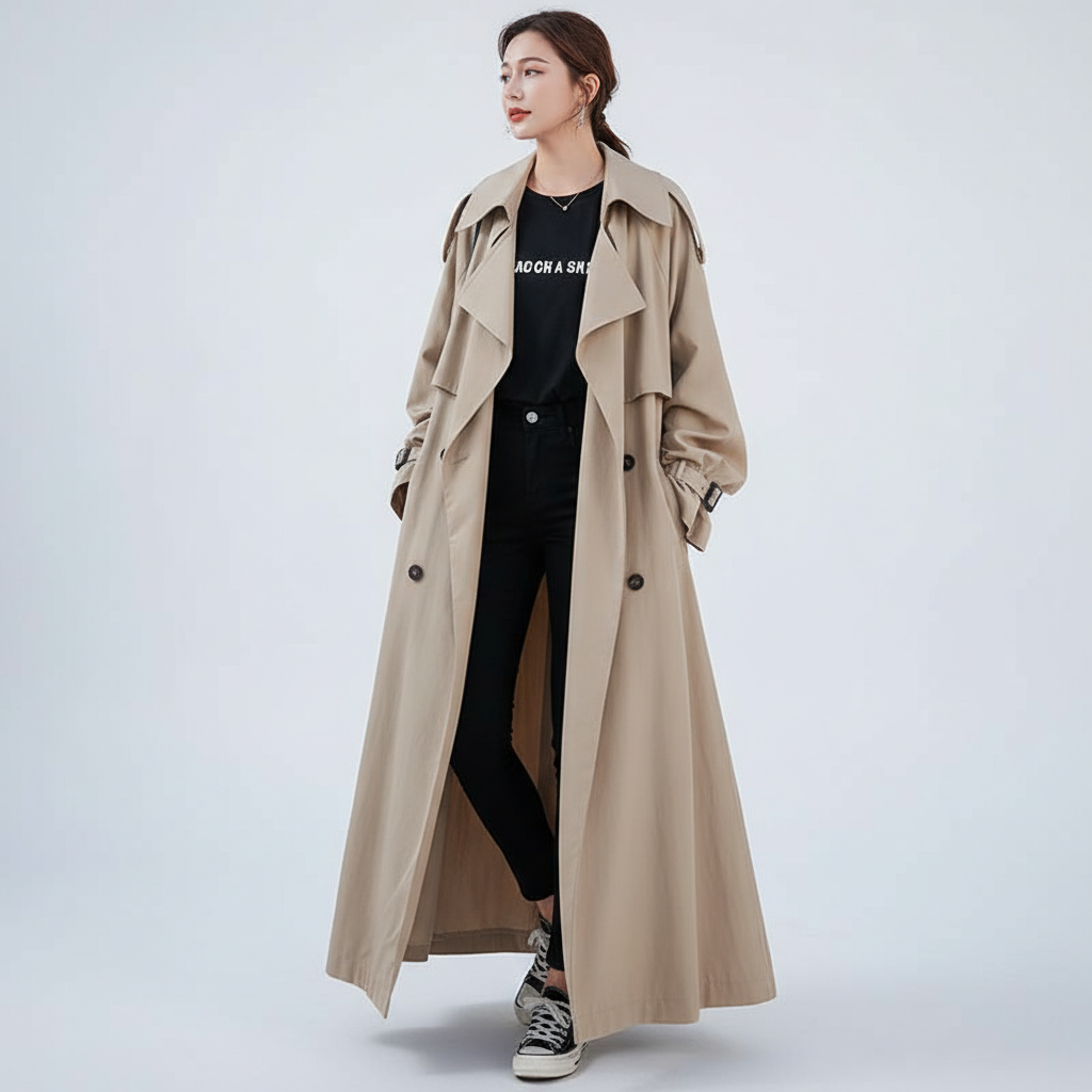 Classic women's long trench jacket, oversized fit. Elegant and versatile outerwear for fall & winter style.