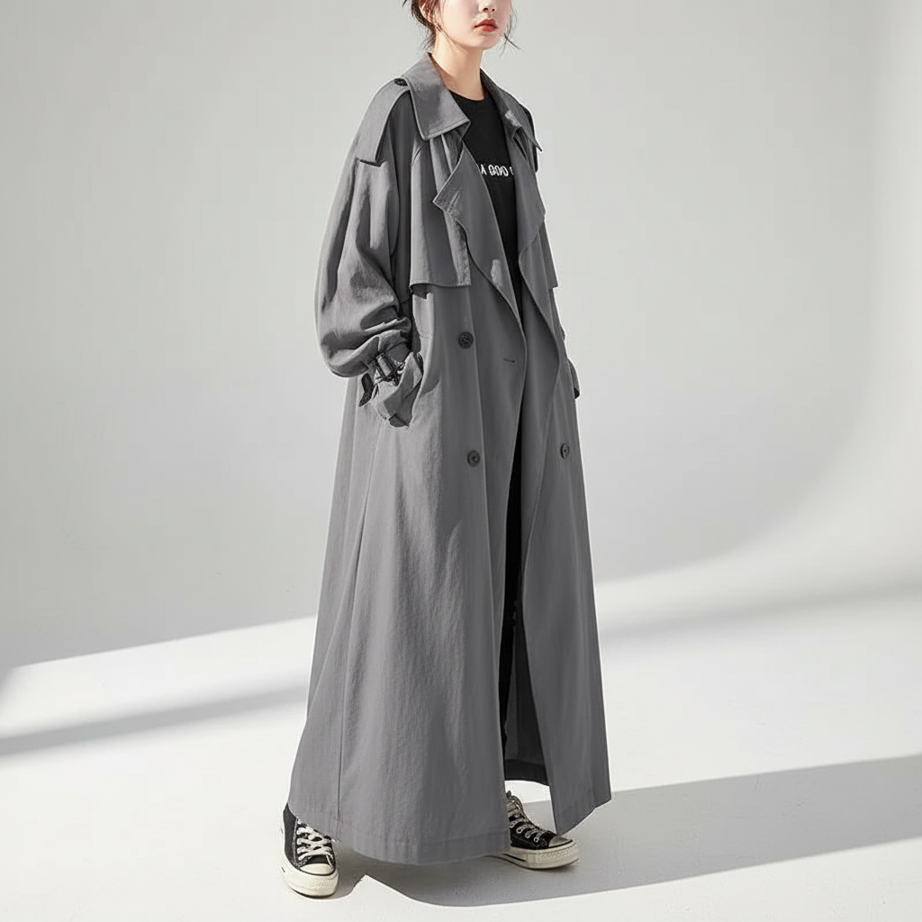 Women's oversized long trench coat, a staple in fall fashion. Loose fit, elegant and classic outerwear apparel.