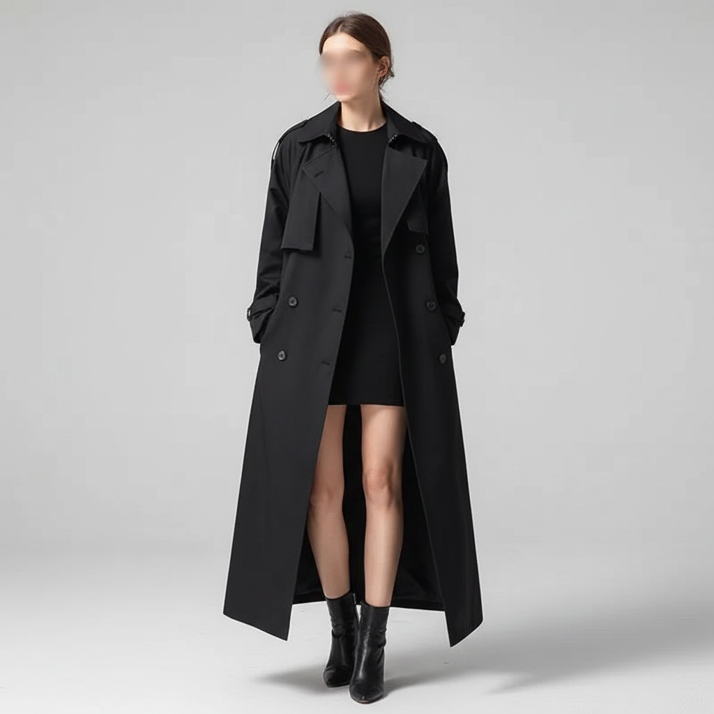 Comfortable loose fit women's oversized long trench coat. Elegant and classic outerwear for versatile fall fashion.