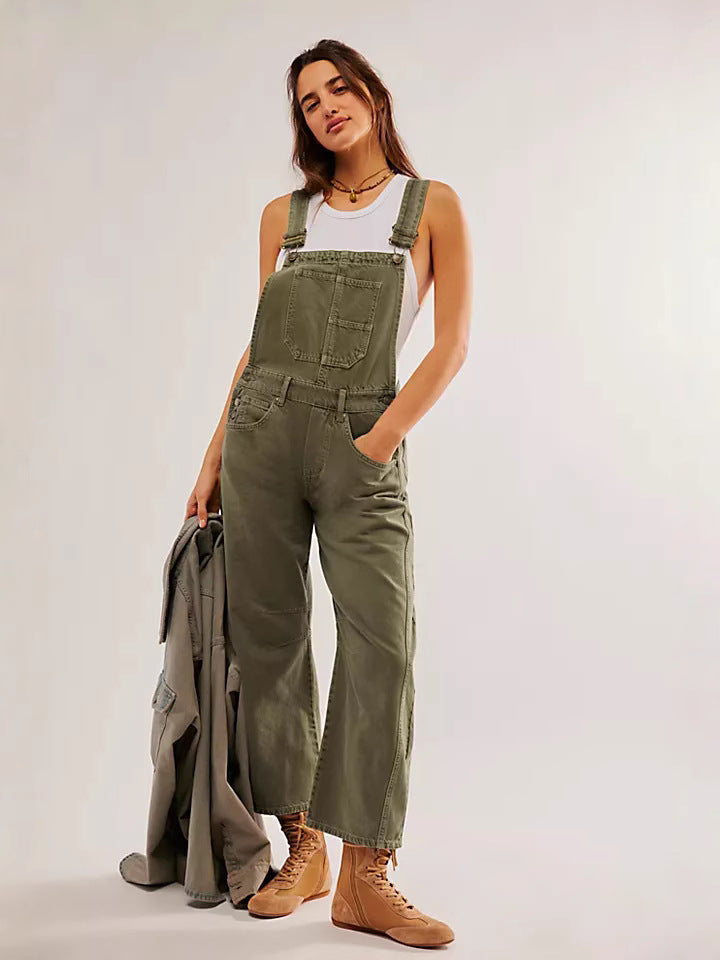 Streetwear-inspired women's oversized overalls, a comfortable relaxed fit jumpsuit with functional pockets.