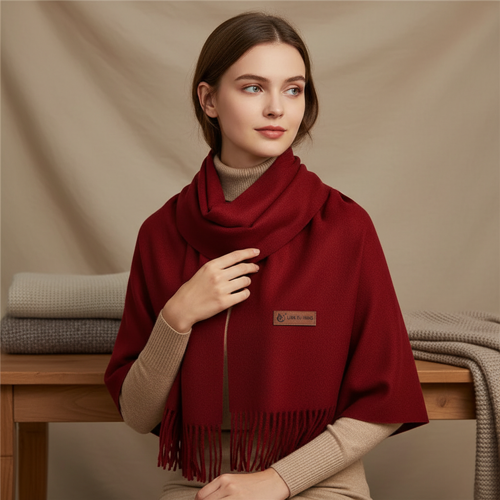 Women's oversized warm winter scarf in a soft, elegant solid color with fringe detail.