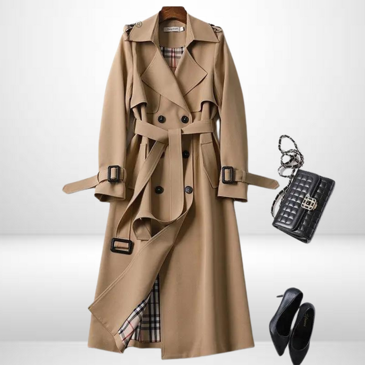 Chic women's padded trench coat, mid-length, designed for relaxed fit, everyday comfort & fall fashion.