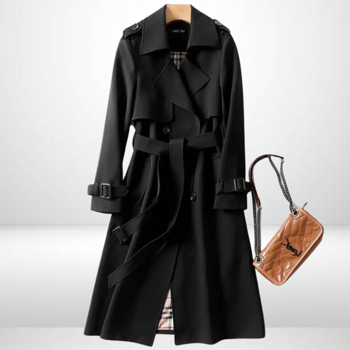 Elegant women's padded mid-length jacket, combining trench coat style with everyday comfort & warmth.