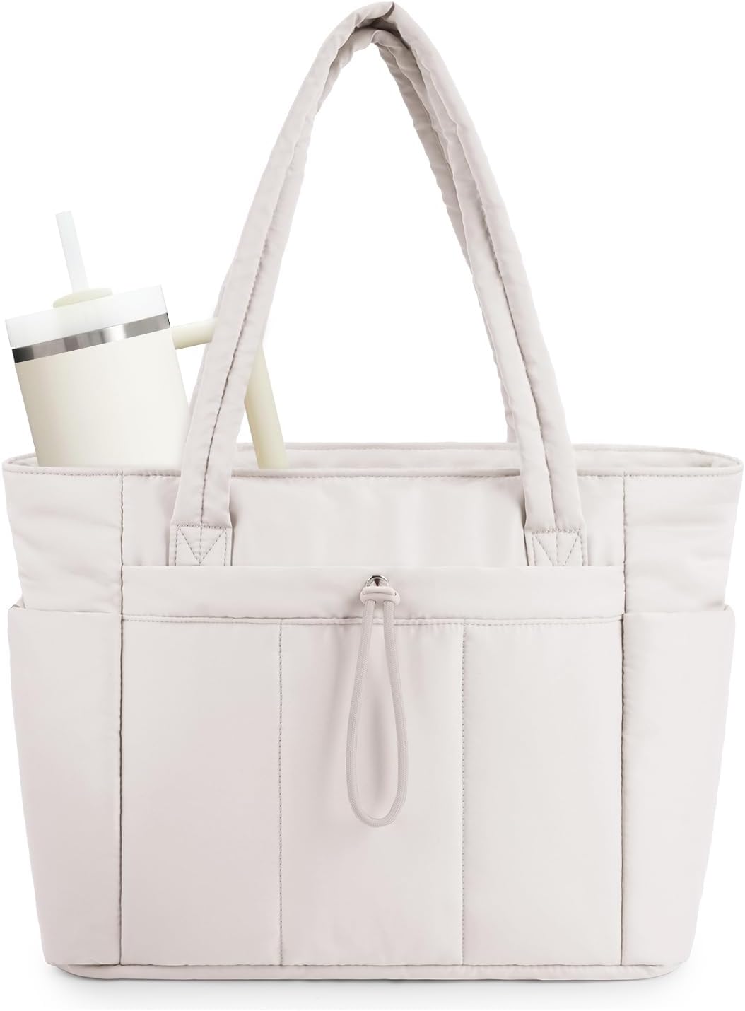 Women's padded travel tote bag with laptop & cup holder, full view.
