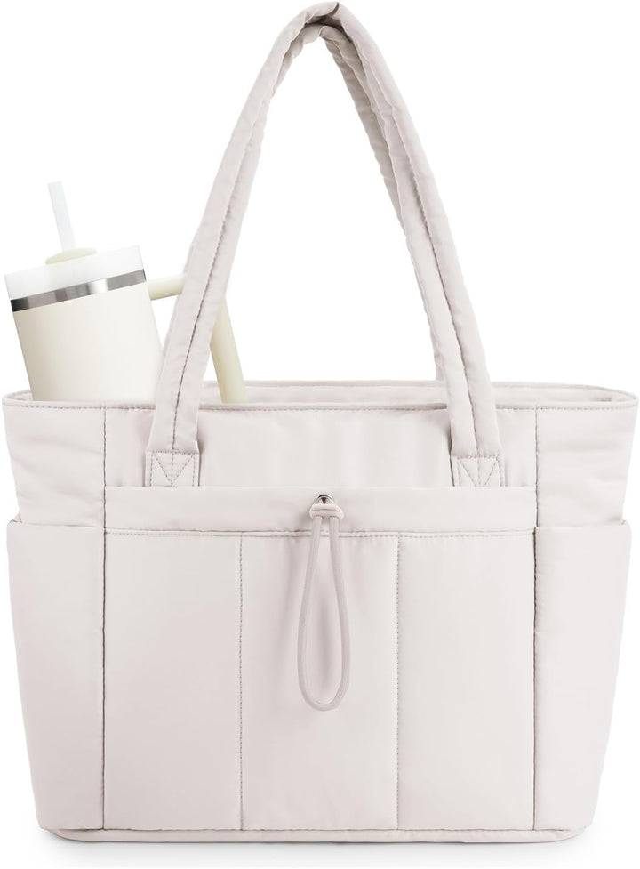 Women's padded travel tote bag with laptop & cup holder, full view.