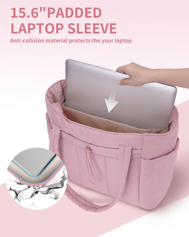 Stylish women's travel accessory, padded tote for laptops & beverages.