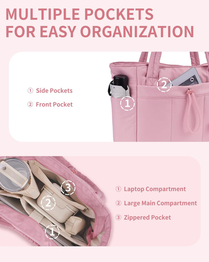 Organized women's work & travel tote, padded, with laptop sleeve and cup holder.